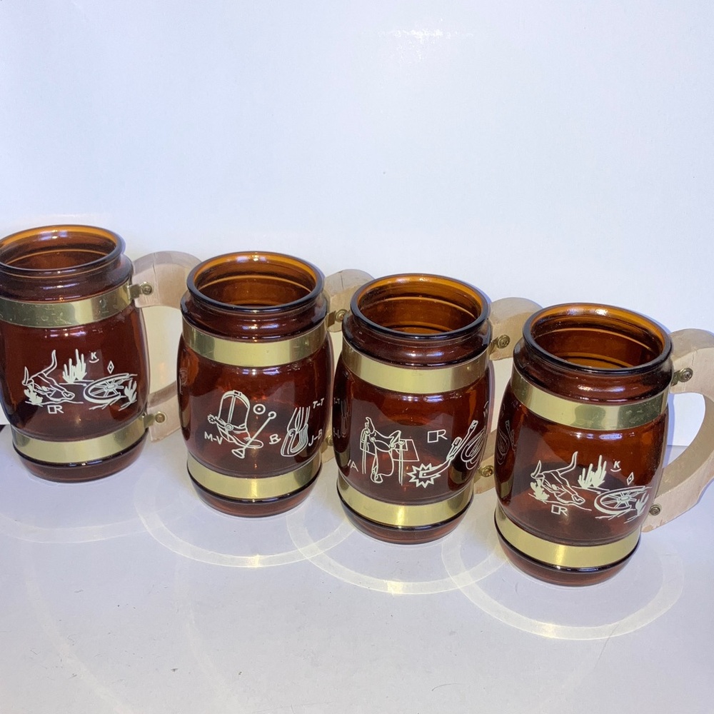 Vintage Western Brown Barrel Mug Set with Wooden Handles & Gold Accents‎